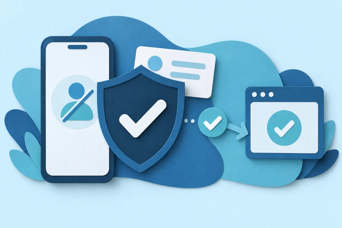 Paper-cut illustration of a phone, a privacy shield and an eligibility token sent to a website.