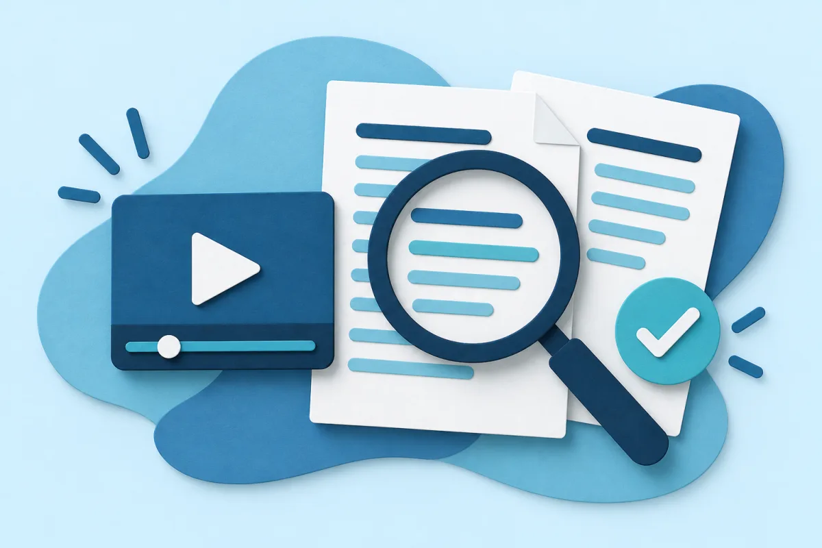 Original illustration of a video claim examined through a lens and checked against a source document.