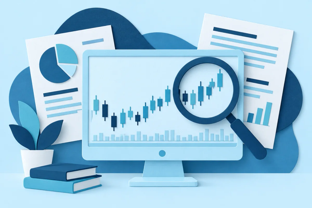 Concept illustration of company filings beside a stock chart examined through a magnifying lens.