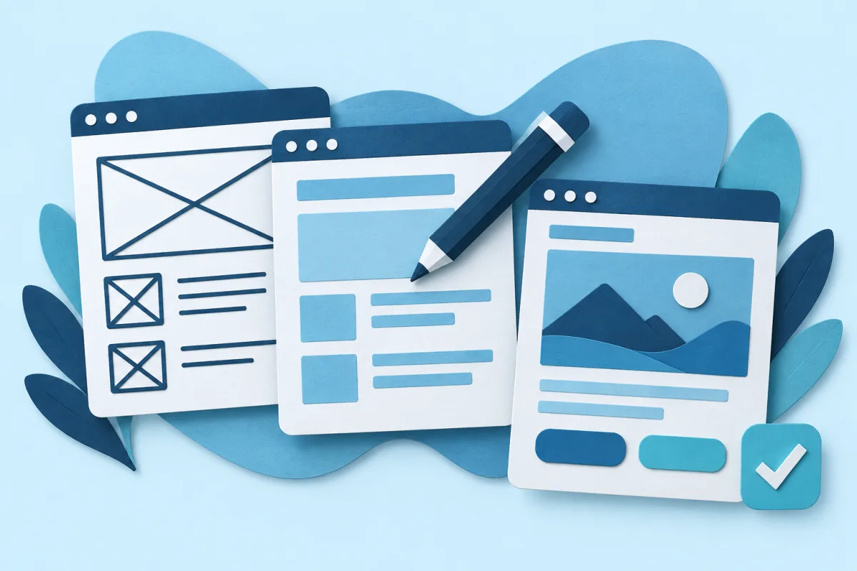 Concept illustration of a website progressing from a wireframe through editing to a finished page.